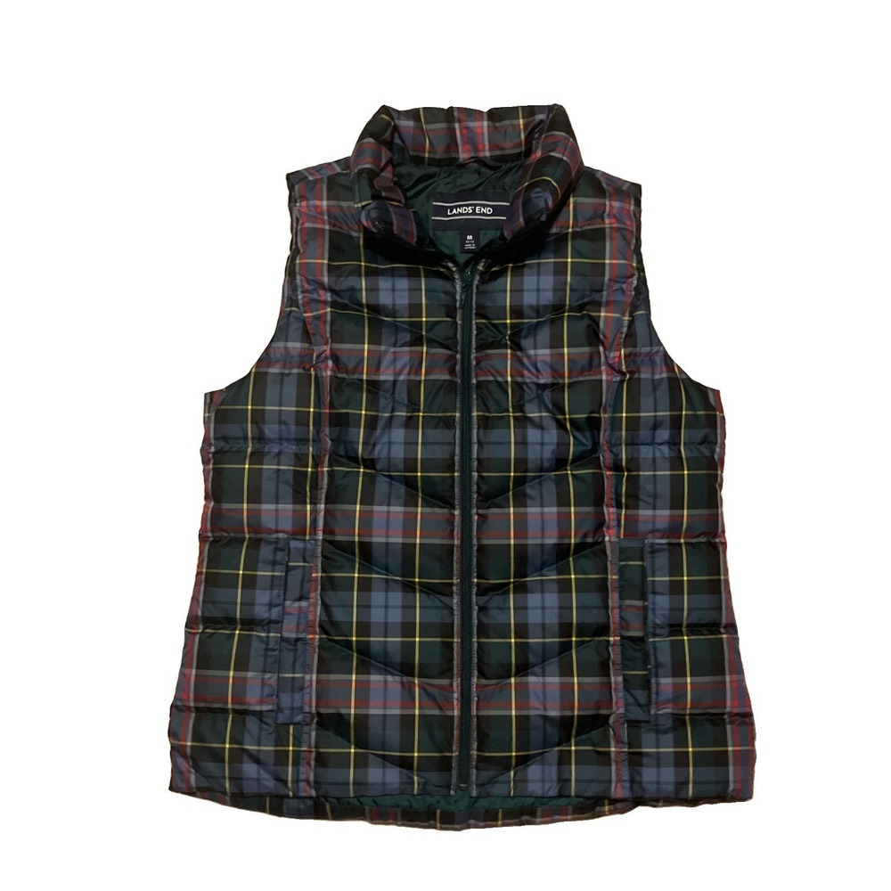 Lands' End Puffer Vest Plaid Green Down Filled Full Zip Puffer Women's Medium